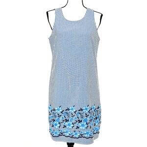 SAM & JESS Women's M Blue & White Striped Embroidered Hem Sleeveless Shift Dress